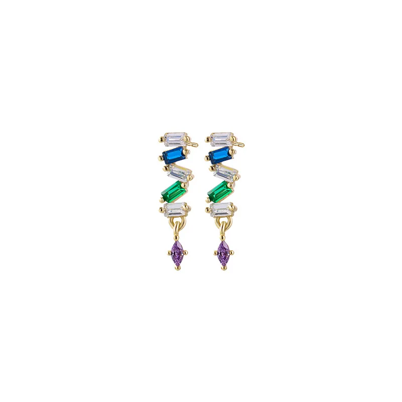 

925 Sterling Silver Stud Earrings for Women Vintage Long Geometric Colored Water Drop Zircon Earrings Temperament Shiny Jewelry