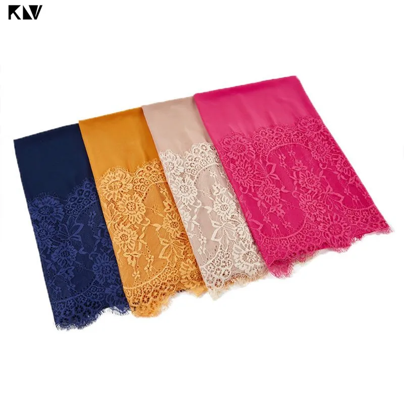 

Women Chiffon Muslim Hijab Wrap Eyelash Floral Lace Patchwork Islamic Head Covering Scarf Shawl Solid Color Long Blanket Turban