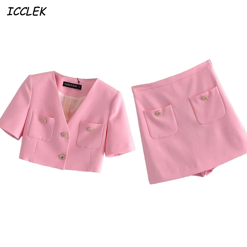 

Women's Blazers Suit Pink Set Cropped Tops Female Sweet Short Sleeves Pockets Solid Jackets Summer Za Single-Breasted Outfit TRF