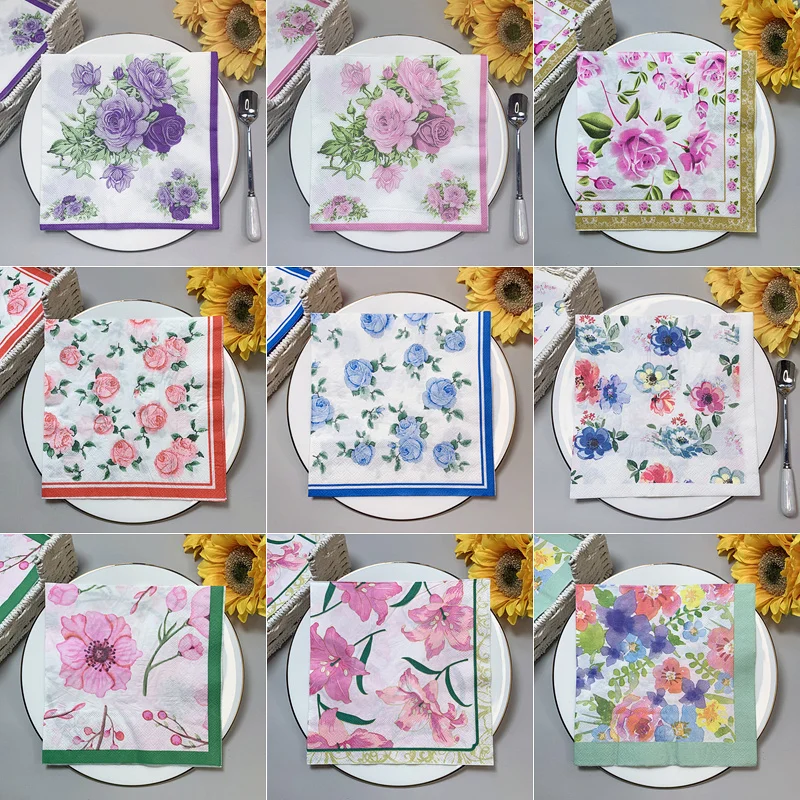 20Pcs/Pack Rose Floral Table Decoupage Paper Napkins Flower Napkin Paper Tissue for Wedding Party Supplies Wholesale