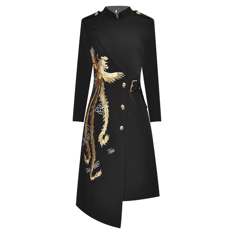 

collar epaulet long sleeve lace up waist wrap dress heavy industry gold thread embroidery retro dress 2020 fall NEW
