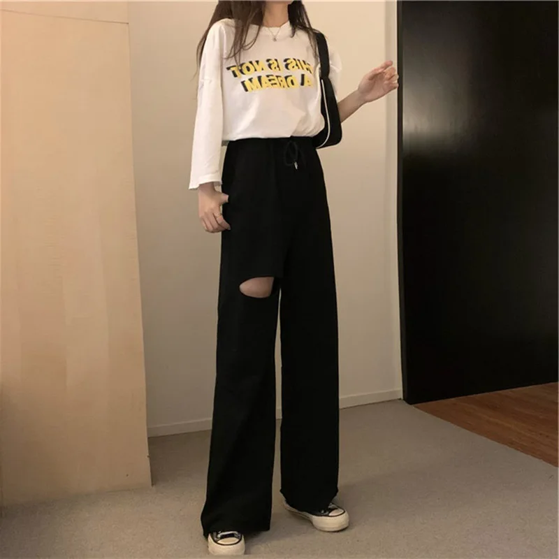 

Супер серые драпированные Спортивные Повседневные брюки с высокой талией, Новинка лета 2020, прямые брюки с дырками, свободные широкие брюки ...