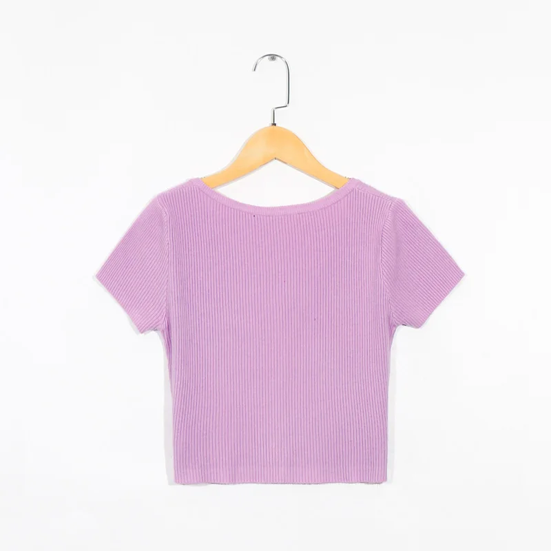 

Summer women's crop T-shirt casual solid color round neck short sleeve short T-shirt