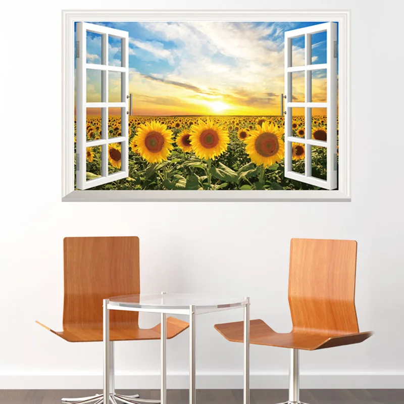 3D наклейки на окна подсолнуха 90x60 см Наклейки стены Подсолнухи пейзаж домашний