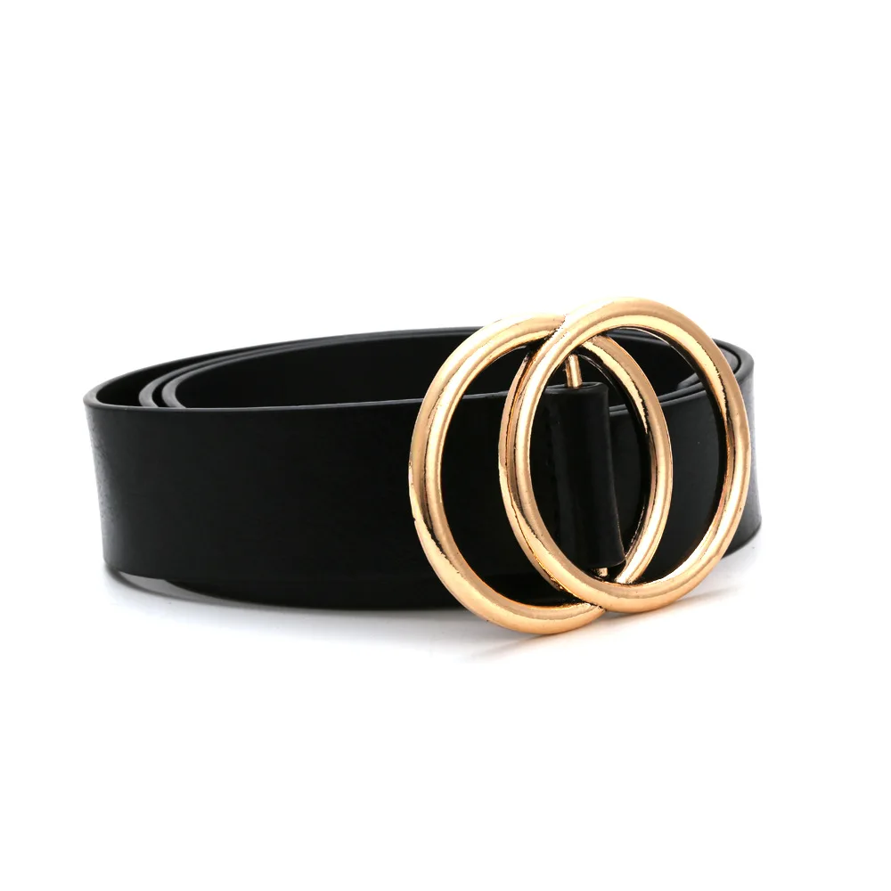 

Women Pu Belt New Double Ring Belts for Women Black Gold Metal Buckle Waistband Female Dress Jeans 2020 Fashion
