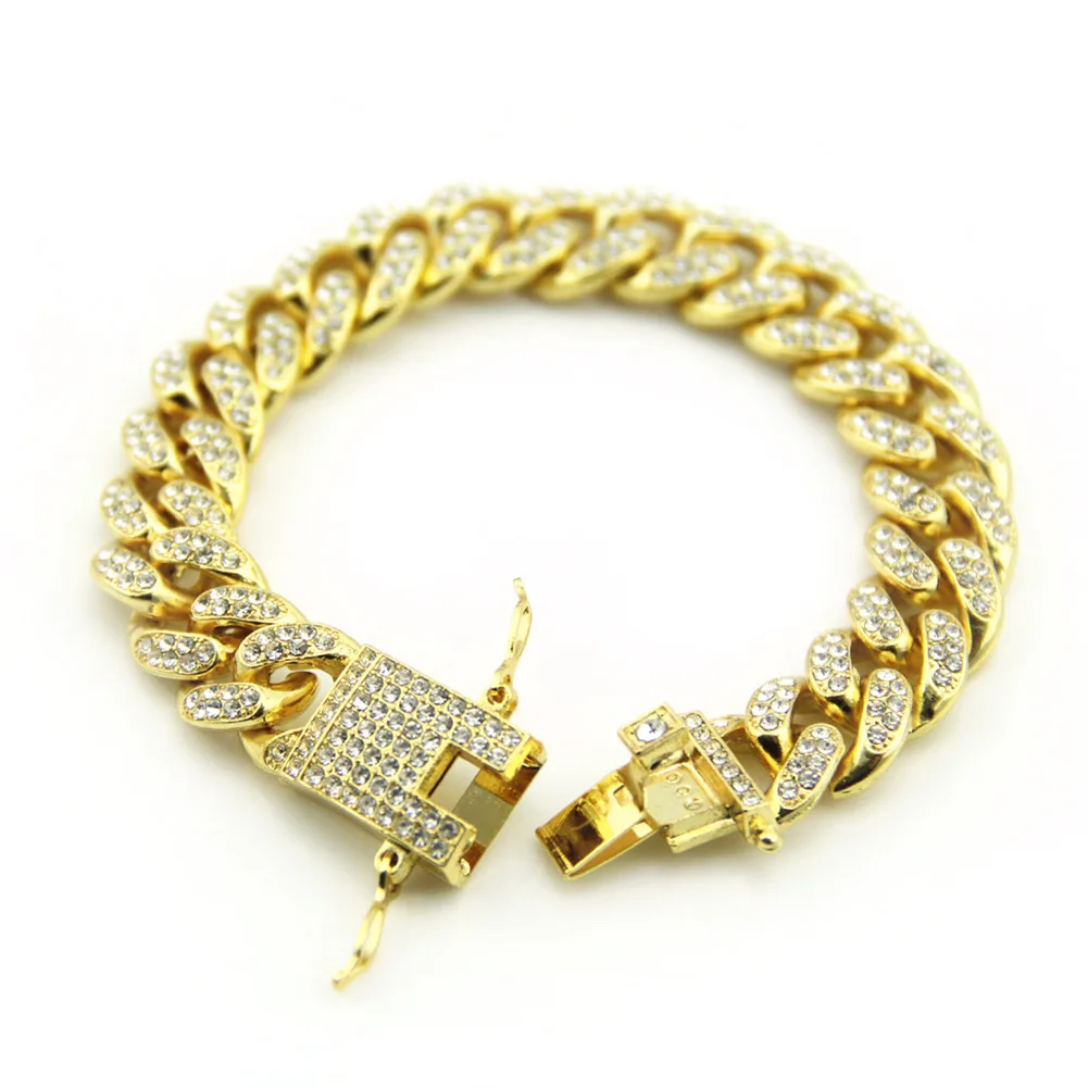 

Hip Hop Bracelet Jewelry Full Rhinestone Cuban Bracelet Hiphop Men's Fashion Diamond Bracelet Width 12mm