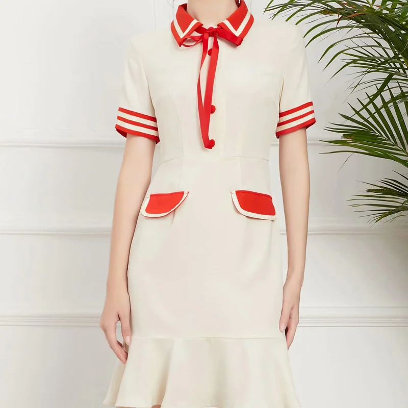 

2021 Summer New Style Bowknot Striped Pocket Slim Fit Temperament Mid-Length Fishtail Short Sleeve Dress High Quality