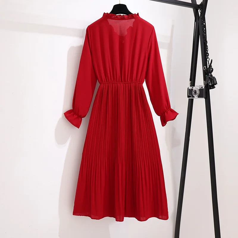 

2021 New Women's Autumn Winter Elegant Full Sleeve Dress Ladies Sweet Ruffled Collar Slim Solid Dress Female