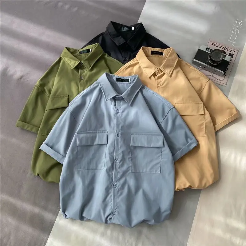 

Shirts for Men Summer Loose Cotton Casual Shirt Short-Sleeved Solid Color Big Pocket Cargo Shirt T-Shirt Men Tops