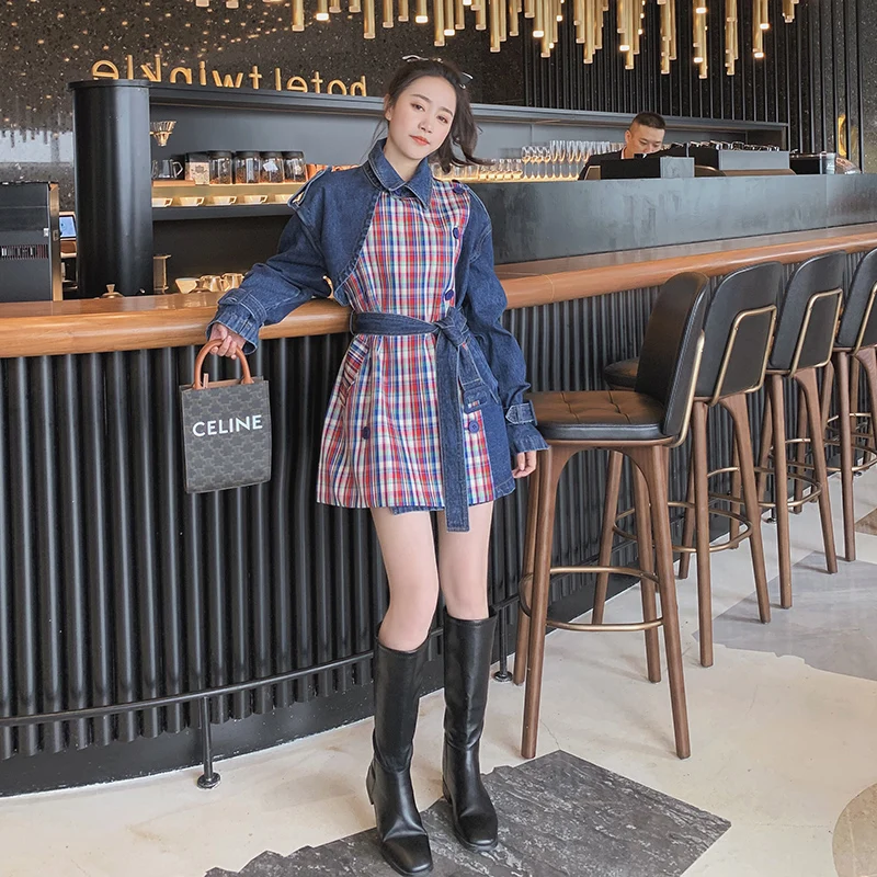 

Женская джинсовая ветровка средней длины, новая весенне-осенняя клетчатая прострочка с длинными рукавами, дамский плащ, корейское свободно...