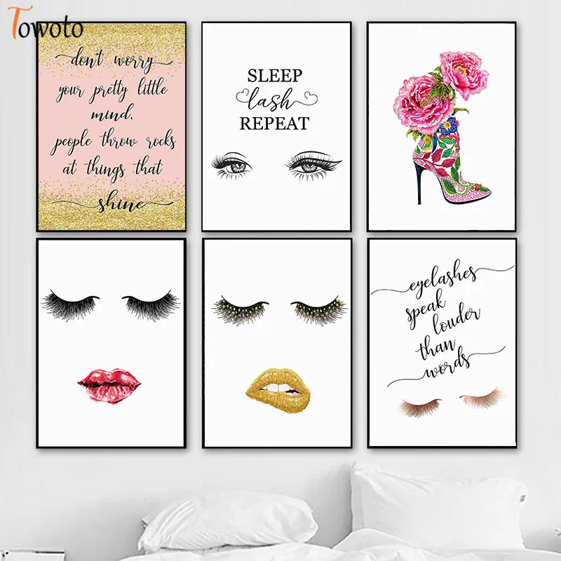 

Modern Fashion Canvas Painting Wall Art Poster Print Eyelash High-Heel Shoe Lips Decoration Picture for Shop Living Room Decor