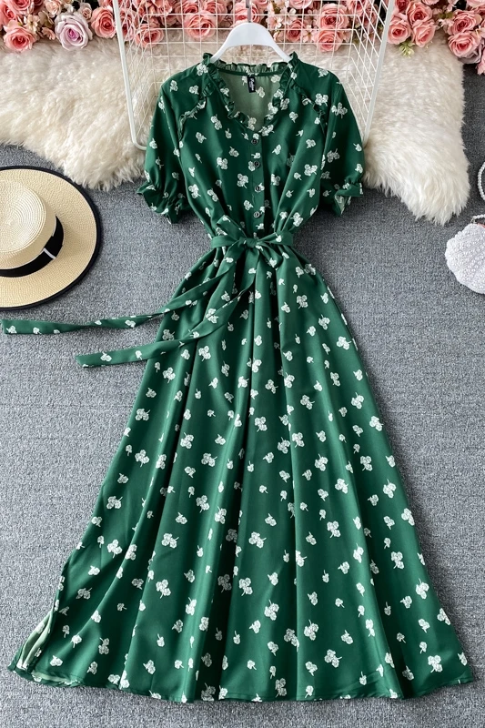 

2021 Boho ruffles v neck floral print Summer bandage long Dress Women casual split Party elegant tunic beach holiday dress