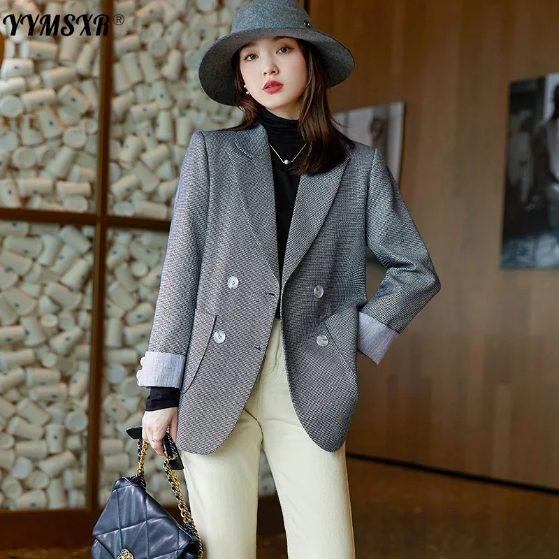 

High-quality Women's Jacket Temperament Winter 2021 New Double-breasted Loose Ladies Suit Casual Plaid Coat Female