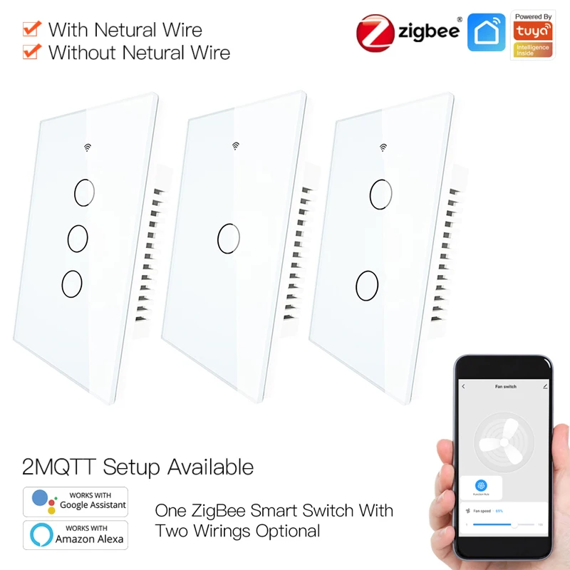 

ZigBee Wall Touch Smart Light Switch With Neutral/No Neutral Control By Smart Life/Tuya 2/3 Way Control Compatible AlexaGoogle