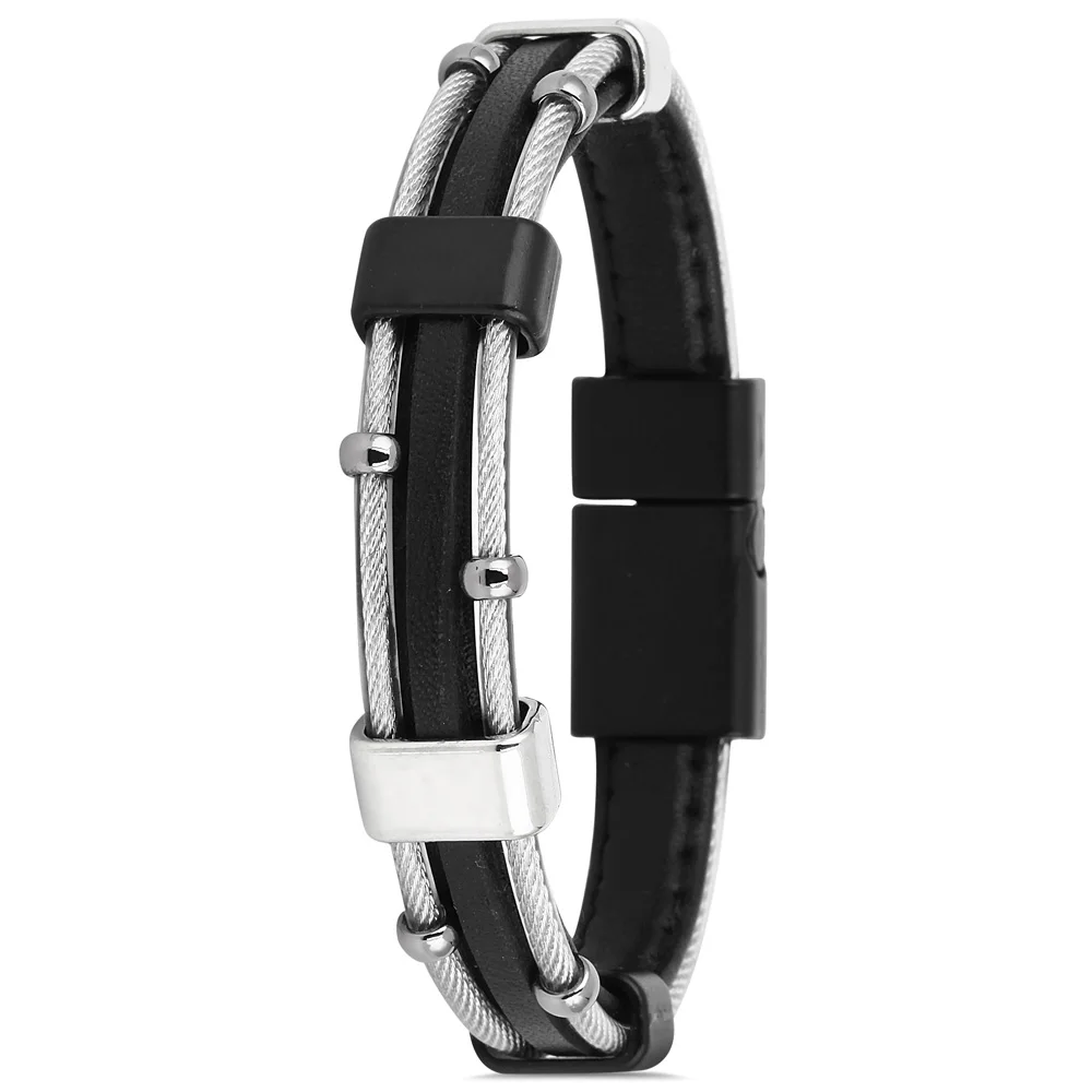 

Parigi PRGJWG145-01 Mens Bracelet Bangles Fashion Jewelry Steel Leather Metallic Gray Black Birthday Gift for Mens