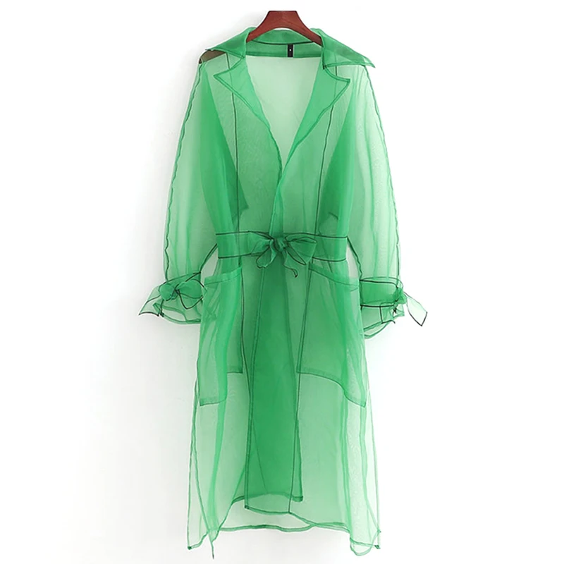 

2021 Fashion Women Clothes Solid Color Transparent Yarn Windbreaker Simple Casual Lace-up Collect Waist Sun-protective Clothing