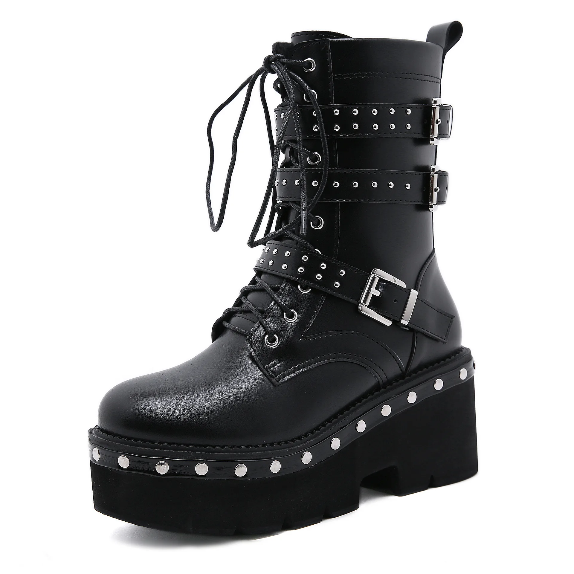 Black Buckle platform Ankle Platform Motorcycle Sexy Boots Women Lace up Chunky Heel Belt Buckle Pocket Designer Shoes Women