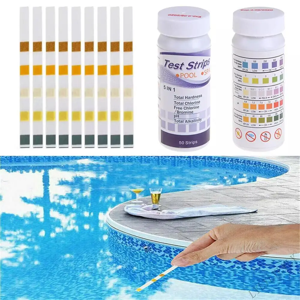 

50 pieces of multi-purpose chlorine swimming pool water quality test Colorimetric method Chlorine alkalinity 5 in 1 test paper