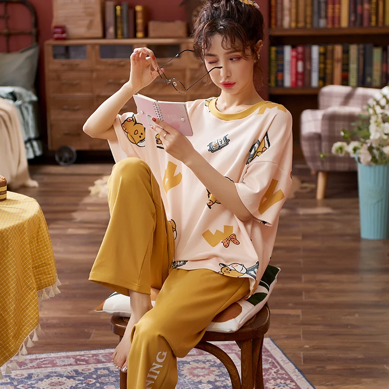 

BZEL Cute Cartoon Pajamas Women Cotton Sleepwear Loose Pijamas Set Short Sleeves Long Pants Pyjamas Soft Comfort Nightwear M-4XL