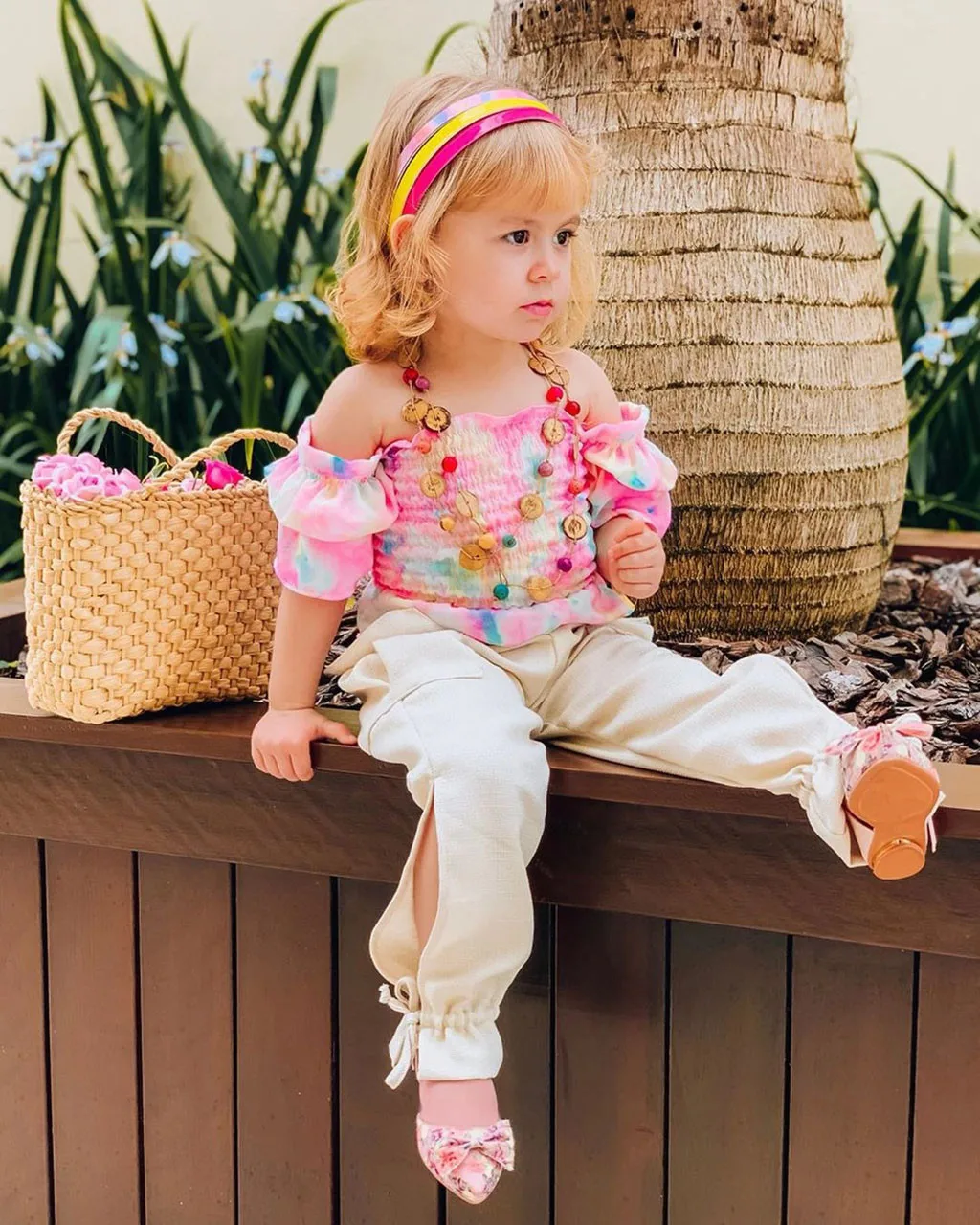 Топы с открытыми плечами и цветочным принтом для маленьких девочек + штаны