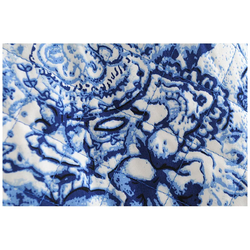 

Womens Cotton Coat Short Blue And White Porcelain Printed Cotton jackets Winter Long Sleeve Stand Collar Warm jacket Overcoat