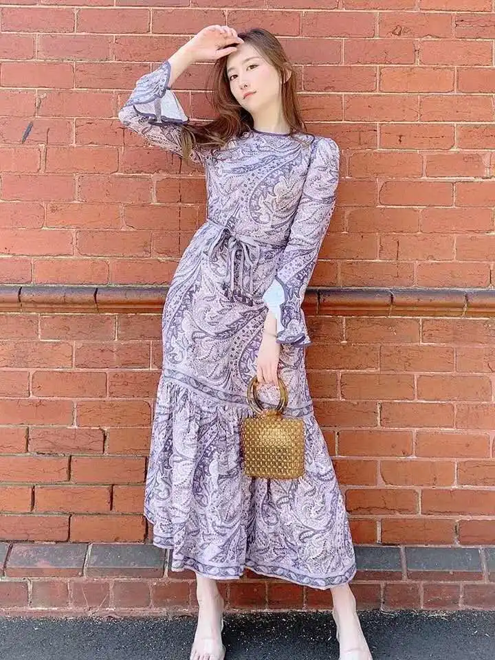 

Arrival Dress New 2021 Spring Summer Party Mermaid Dresses Women O-Neck Vintage Print Belt Deco Long Sleeve Midi Purple Dresses