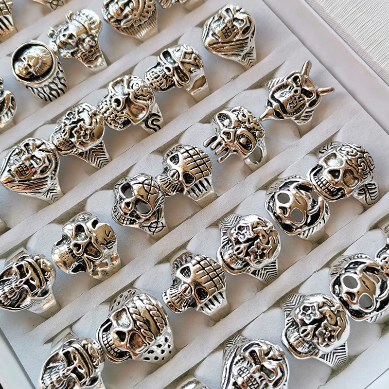 10 шт./Оптовая партия Оптовая продажа Кольца с черепом Скелет Винтажный готический металлический панк-стиль Демонические украшения для женщин, мужчин вечеринка Подарочное использование.