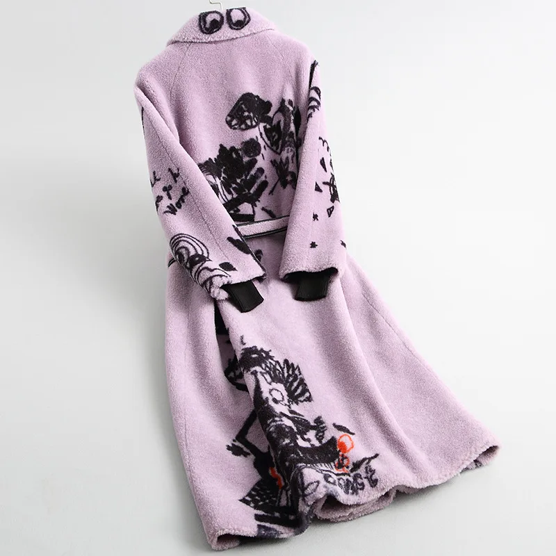 Elegant Printing Thick Turn-Down Collar Winter Long Woolen Warm Real Fur Plus Size Coat Slim Jackets High Quality Lilac Outwear