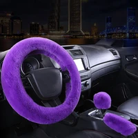 universal purple car steering wheel plush covers winter warm thick faux fur hand brake gear cover set car interior accessories