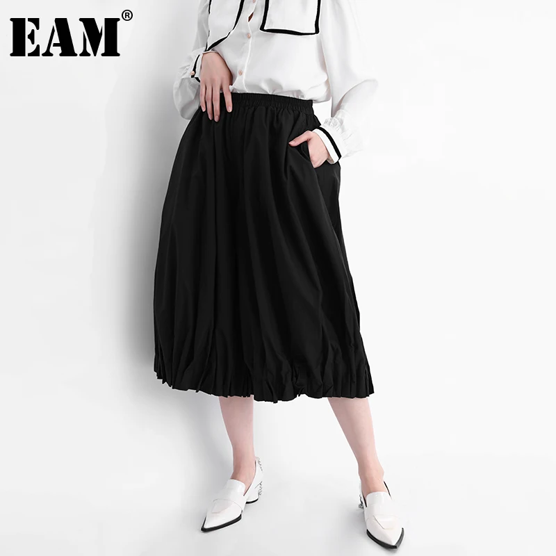 

[EAM] черные плиссированные широкие брюки с высокой эластичной талией, новые свободные брюки для женщин, модные демисезонные 2022 1DA61801
