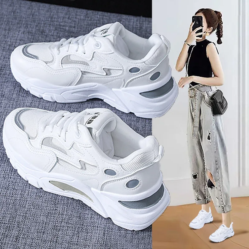 

Кроссовки женские из дышащей кожи, на платформе, повседневные, спортивные, Корейская версия, белые, Осень-зима 2021