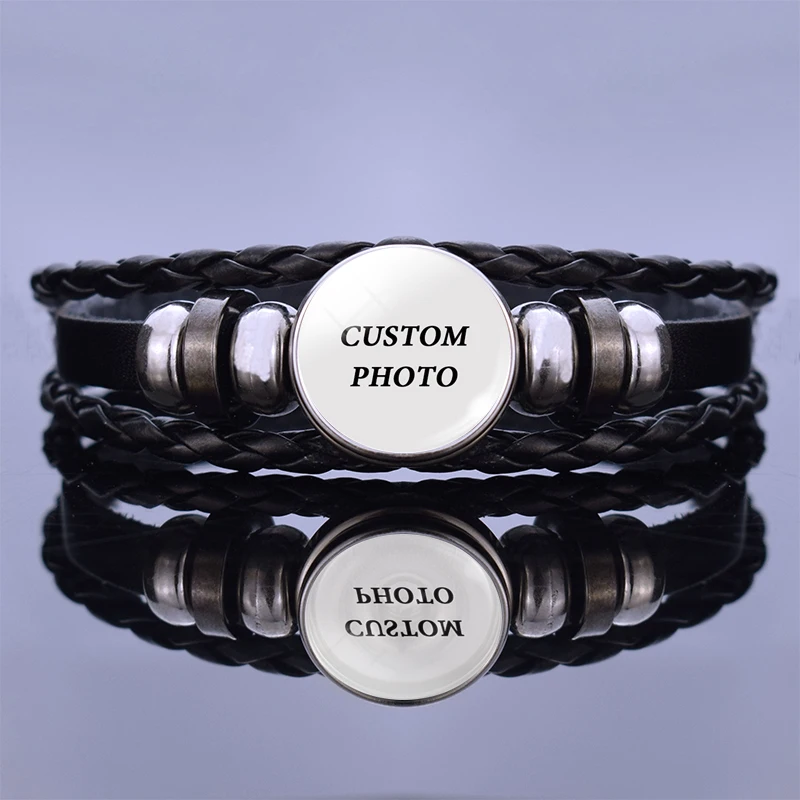 Черный кожаный браслет с фото на заказ для мужчин и женщин плетеный