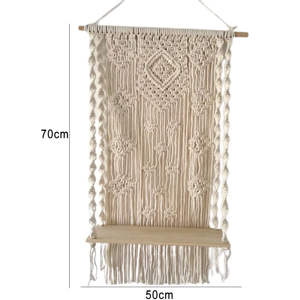 

Creative Bohemian Macrame Tapestry Rack Hand-woven Wall Hanging Flower Storage Wooden Shelf Room Decor Gift