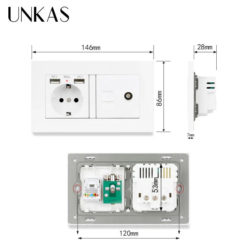 Электрическая розетка UNKAS пластиковая европейского стандарта с двумя USB-портами