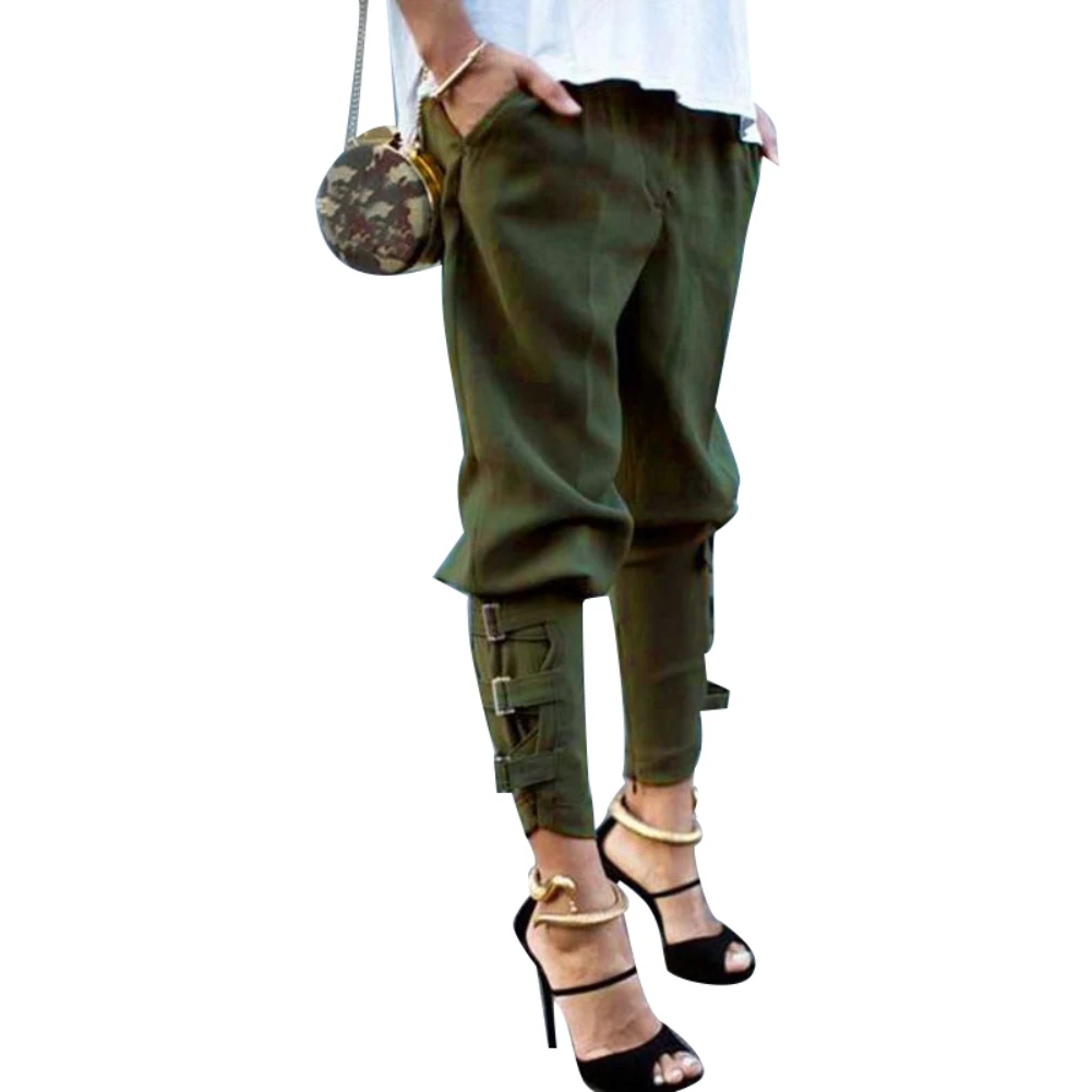 

Solid Color Buckle Straps Long Harem Pants Casual Women Loose long Trousers New Women Casual Solid Elastic Waist Length pant