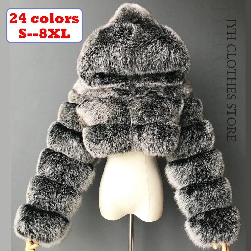 High Quality Furry Cropped Faux Fur Coats and Jackets Women Fluffy Top Coat with Hooded Winter Fur Jacket manteau femme 2021 New