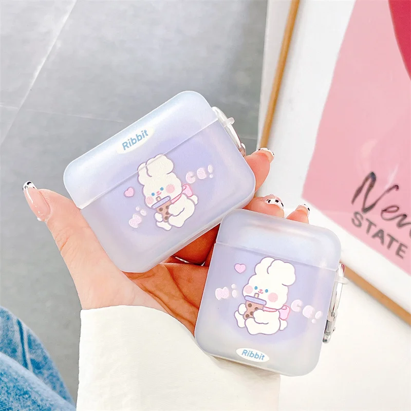 

New Cute Milk Tea Rabbit Translucent Earphone Case for Airpods 1 2 Keychain Headphone Protective Soft Cover for Airpods Pro Case