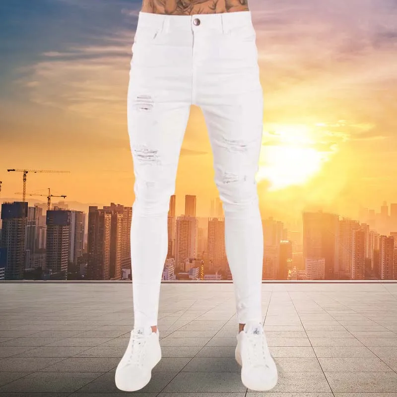 Мужские джинсы в стиле хип-хоп, белые облегающие рваные Однотонные эластичные джинсовые брюки, мужские повседневные брюки-карандаш для бег...