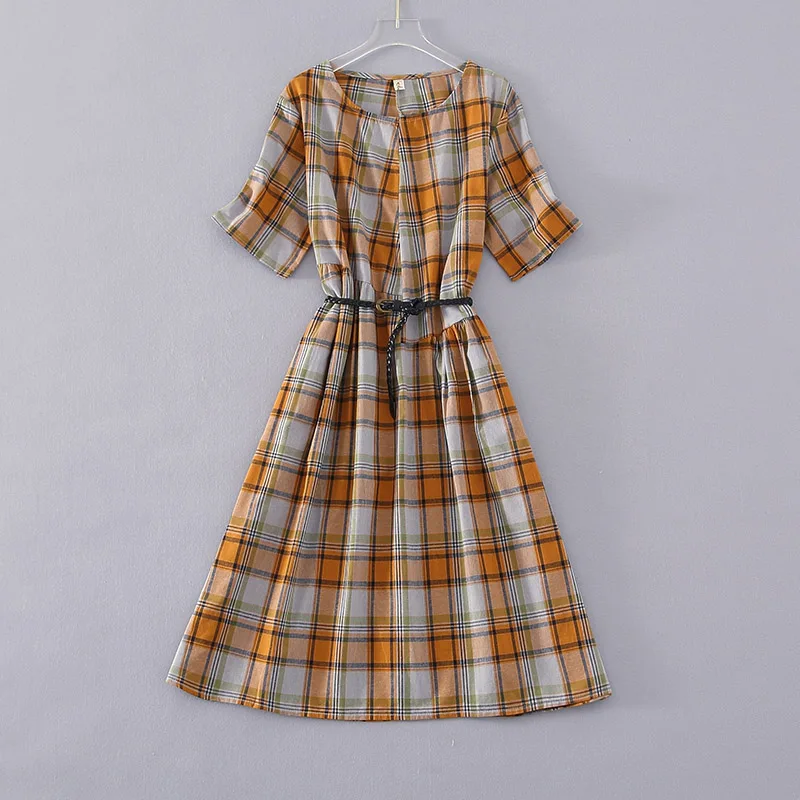

Vintage Casual Long Dress Summer Women Short Sleeve Loose Plaid Dresses Round Collar Cotton Linen Ladies Shirt Dress Belt New