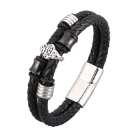 vintage totem double layer genuine leather weave bracelets bangles for men jewelry stainless steel trendy male wristband sp1016