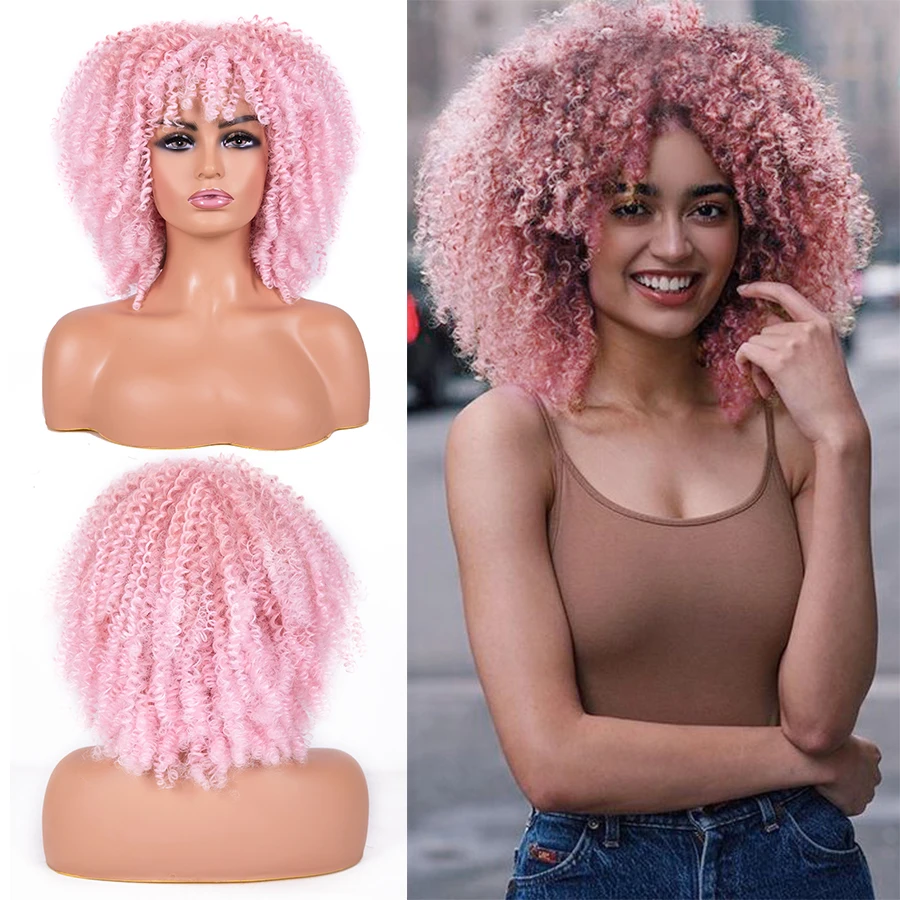 

Leeons розовый афро кудрявый парик с челкой для черных женщин Африканский Американский синтетический парик Омбре безклеевые Косплей парики 10 ...