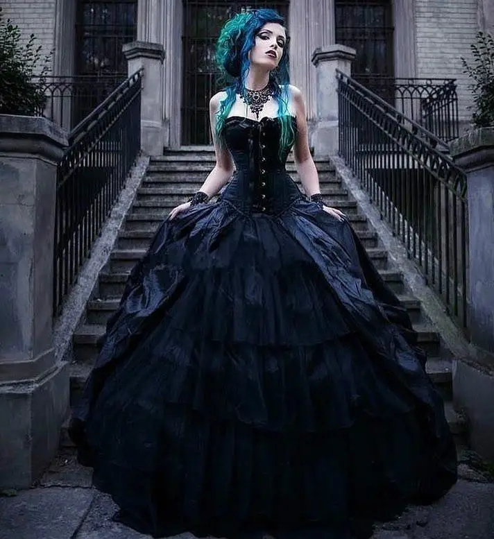 

Винтажное черное платье в викторианском стиле, готическое свадебное платье, корсет без бретелек, платье принцессы в стиле панк для свадебно...