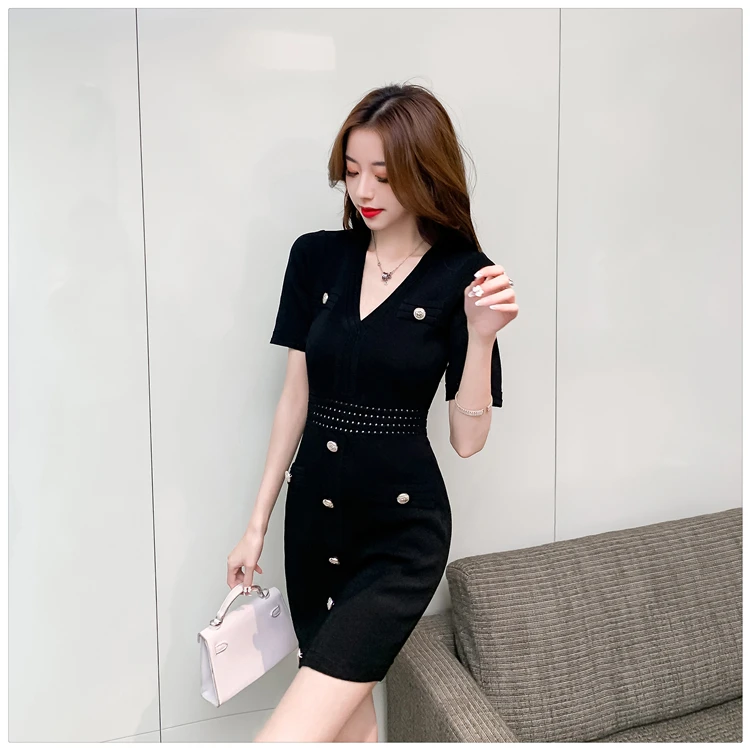 

Summer Fashion Casual Dresses Color Splicing New Short Sleeve V-neck Solid Korean Knitted Women's Dress