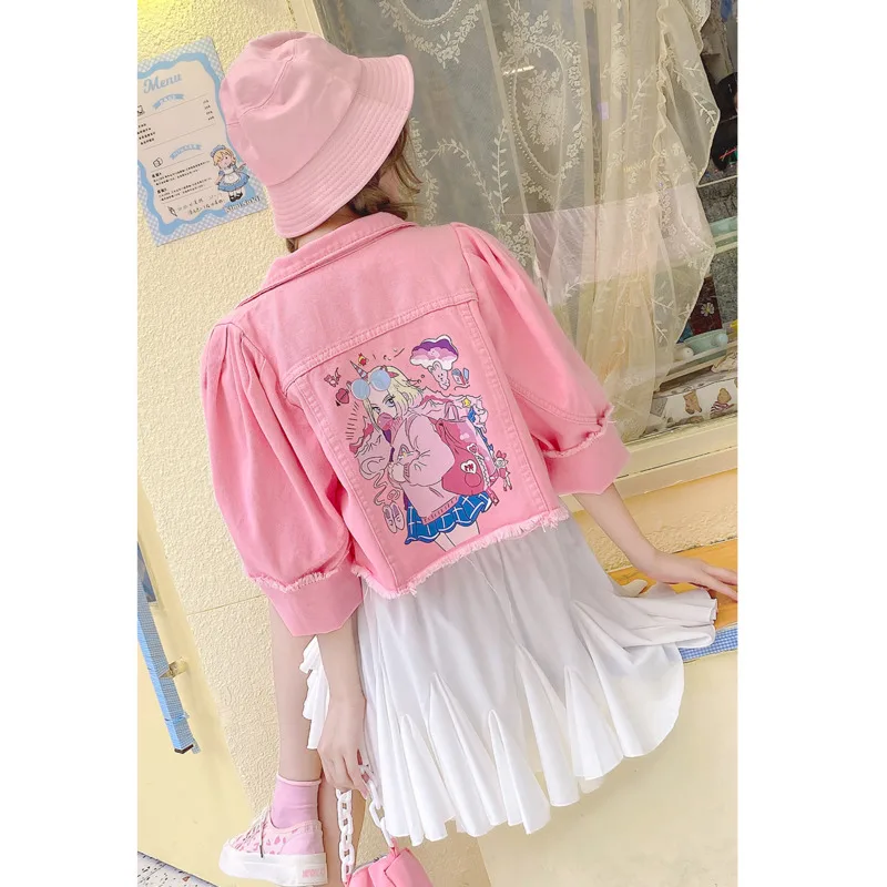 

2021 Spring Summer Cartoon Print Coat New Sweet Pink Bubble Sleeve Short Denim Coat Women's Top Fashion Outerwear Harajuku Coat