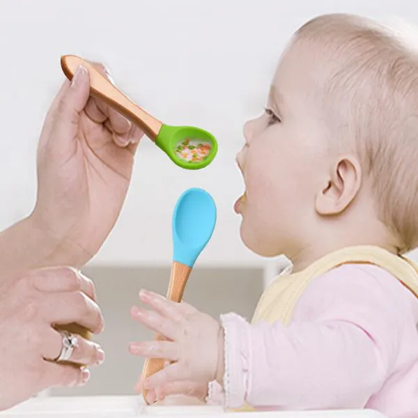 Ложка для кормления детей деревянная ручка силикон ложек тренировочные ложки с