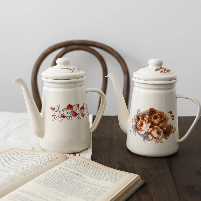 Утолщенный эмалированный кофейник в ретро стиле 1 1л/в наличии Открытый чайник с