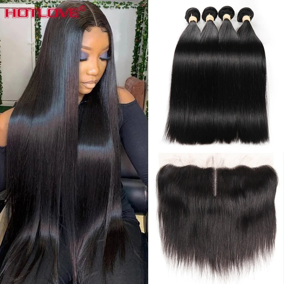 36 38 40 Inch Straight Bundles With Frontal Peruvian Human Hair Weave Bundles With Closure Pre Plucked Ear To Ear Remy Long Hair