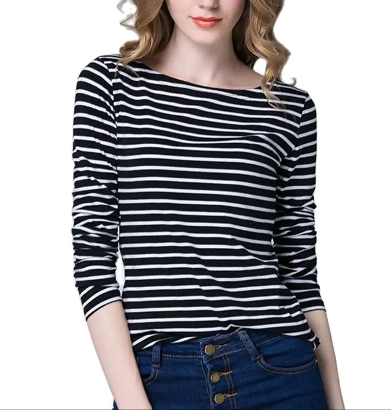 

Женская Базовая рубашка в полоску, повседневная облегающая футболка с длинным рукавом и круглым вырезом, весна-осень-зима 2021