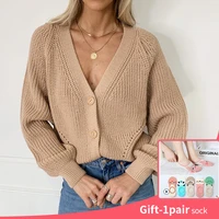elegant long sleeve sweater women 2021 new single female short cardigan soft flexible knitted v neck solid outwear tops