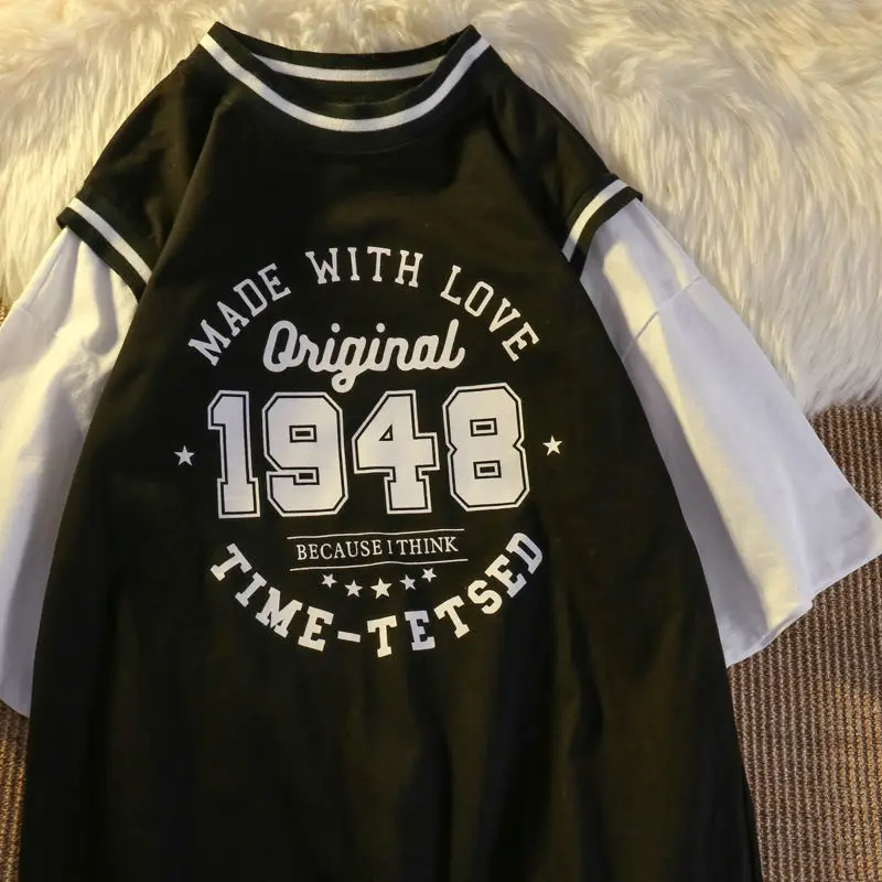 

Designer Patchwork Sleeve Letters Printed T Shirts Streetwear Harajuku O-neck Casual Teens Clothes Summer Big Size Fashion 2021